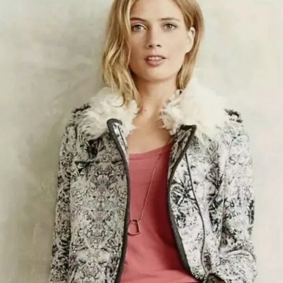 Anthropologie Jackets & Blazers - Anthro Elevenses Fur Collar Paisley Moto Jacket - Size 4
